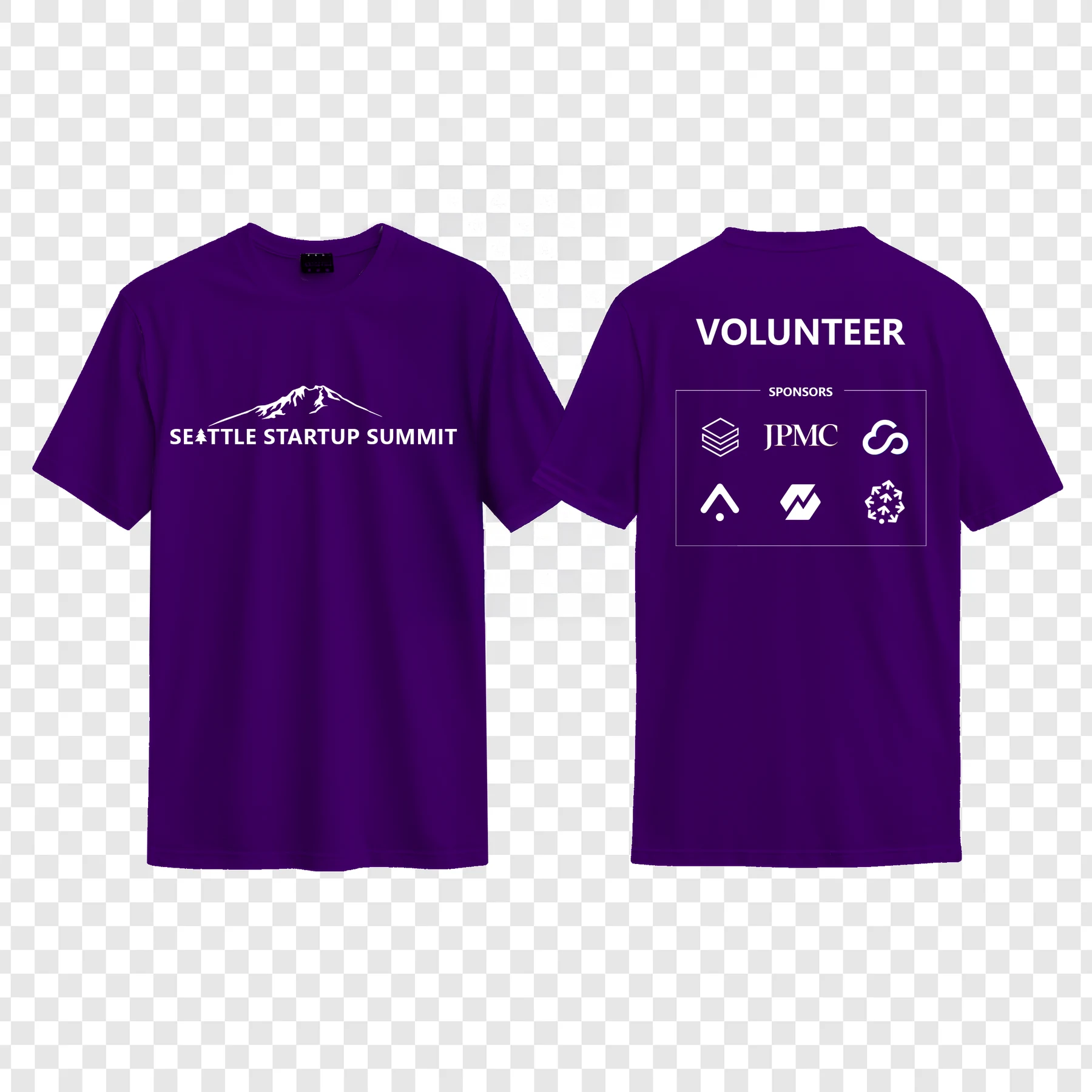 Front and back designs for purple Seattle Startup Summit volunteer T-shirts